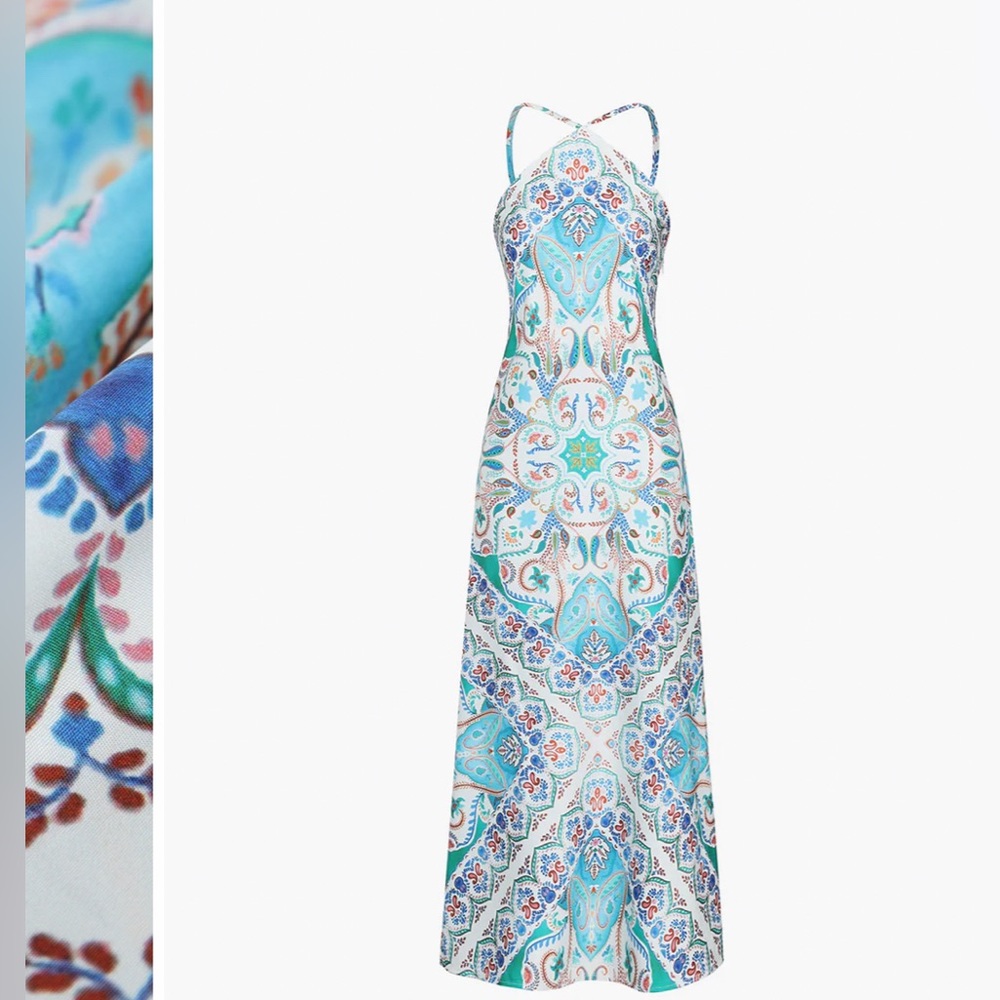 Paisley Open Back Tied Zippered Midi Dress
